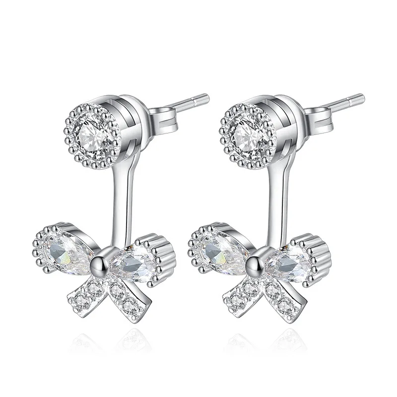 

100% 925 sterling silver fashion shiny crystal bowknot design ladies' stud earrings wholesale jewelry wedding gift drop shipping