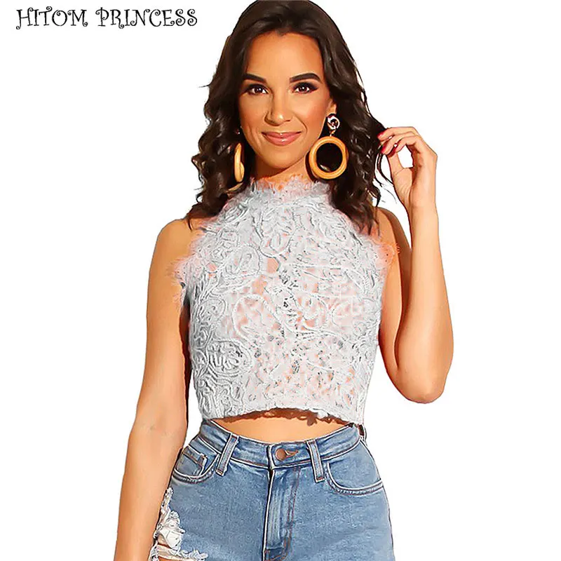 

HITOM PRINCESS Streetwear Summer Crochet Lace Crop Top Women Sexy Beach Hollow Out Tank Tops Female Cropped