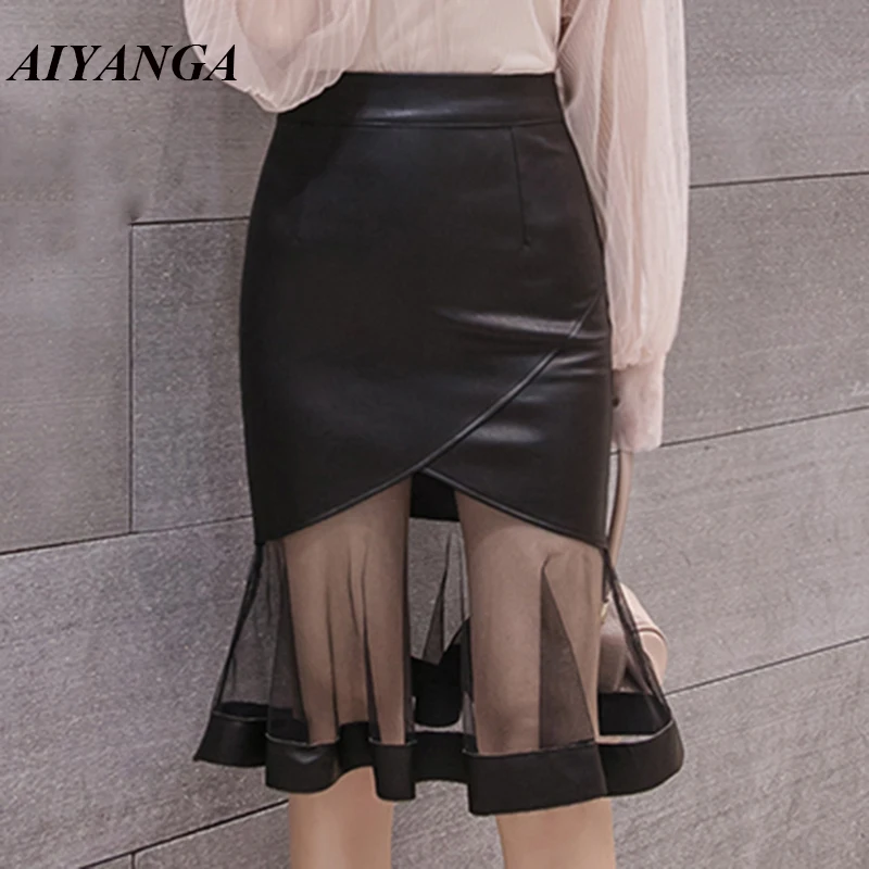 Юбки из искусственной кожи для женщин сетчатые юбки на осень 2018 женские