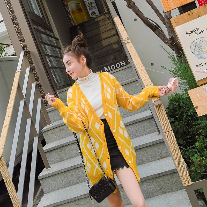 

OLONY 2018 Fashion Knitted Cardigan Loose Pocket Argyle Long Sleeve Women Sweater Female Cardigans Women's Coats Outerwear