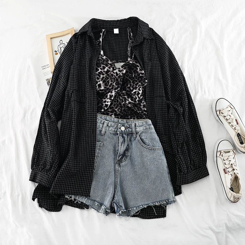 2019 new fashion women's two piece set Cotton plaid shirt sun clothing Leopard gold velvet +denim shorts three-piece female H417 | Женская