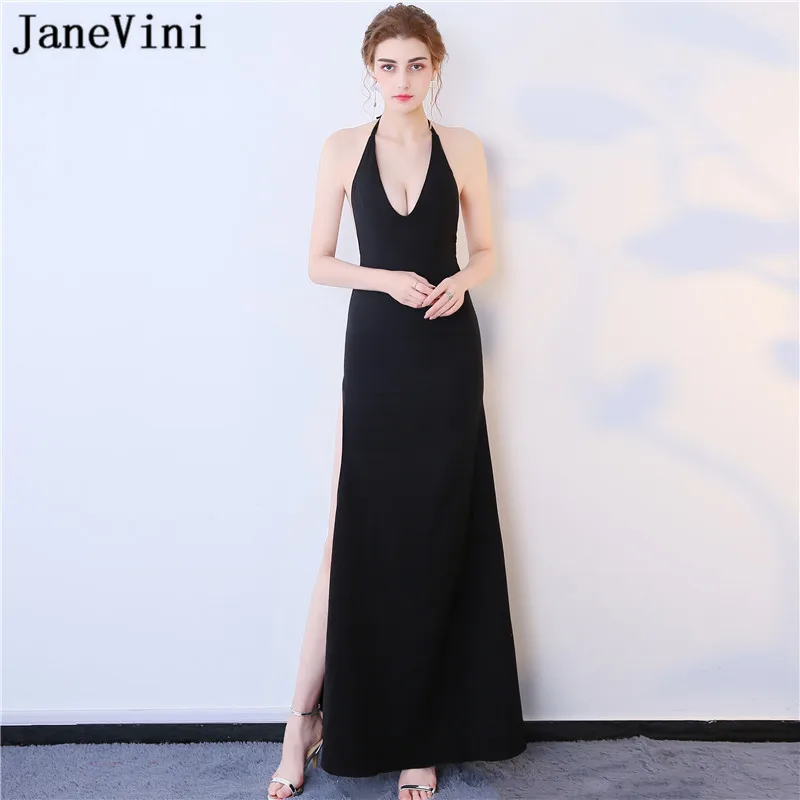 

JaneVini Vestidos Sexy Black Long Evening Dresses A Line Halter Backless High Split Simple Satin Mother of Bride Dress Plus Size