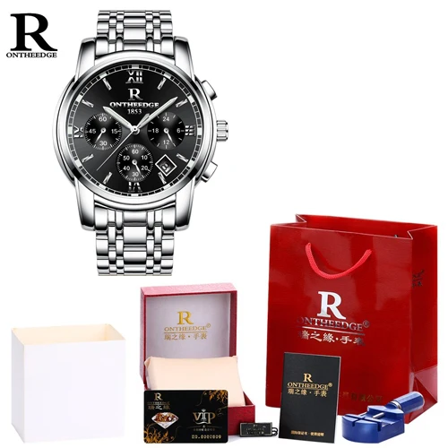 silver with box ONTHEEDGE, модные мужские часы, Роскошные, золотые, полностью из нержавеющей стали, мужские деловые часы, кварцевые, мужские часы, хронограф, reloj hombre - Цвет: silver with box