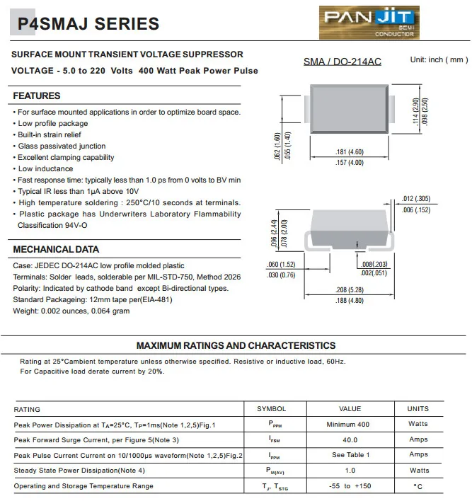 1800 ШТ./REEL P4SMAJ210CA P4SMAJ210C 210 В 400 Вт SMA Диоды ДЛЯ ПОВЕРХНОСТНОГО МОНТАЖА НАПРЯЖЕНИЯ ПРИ