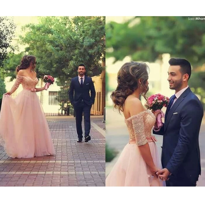 Elegant said Mhamad Lace Sleeves Straight Long Evening Dress 2017 New Hot Borns Of Pink Chiffon Floor Length | Свадьбы и торжества