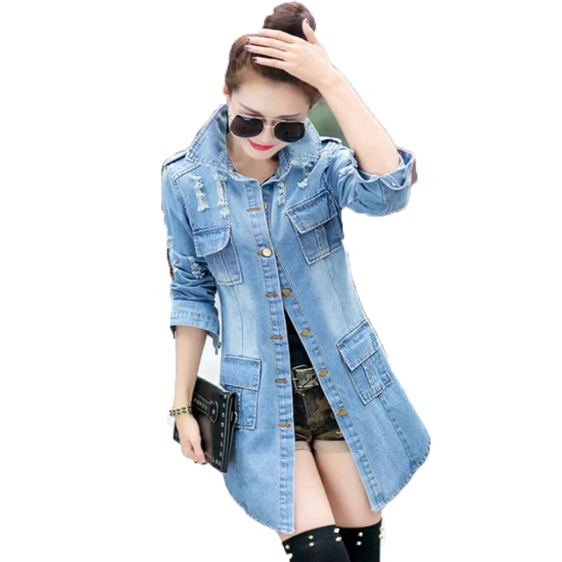 

Top Fashion Spring Womens Denim Coats Blue Jeans Long Jackets Femal Hole Long Sleeve Coats Single Button Cotton Jackets Size 2XL