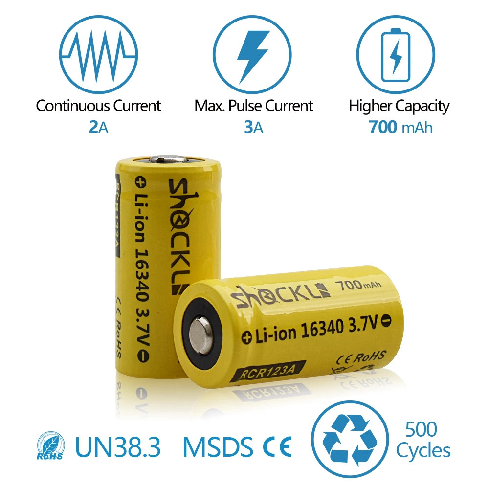2 шт./лот аккумулятор Shockli RCR123 16340 700 мАч 3,7 в литий-ионная аккумуляторная батарея 16340 литиевая батарея для фонарика камеры Arlo