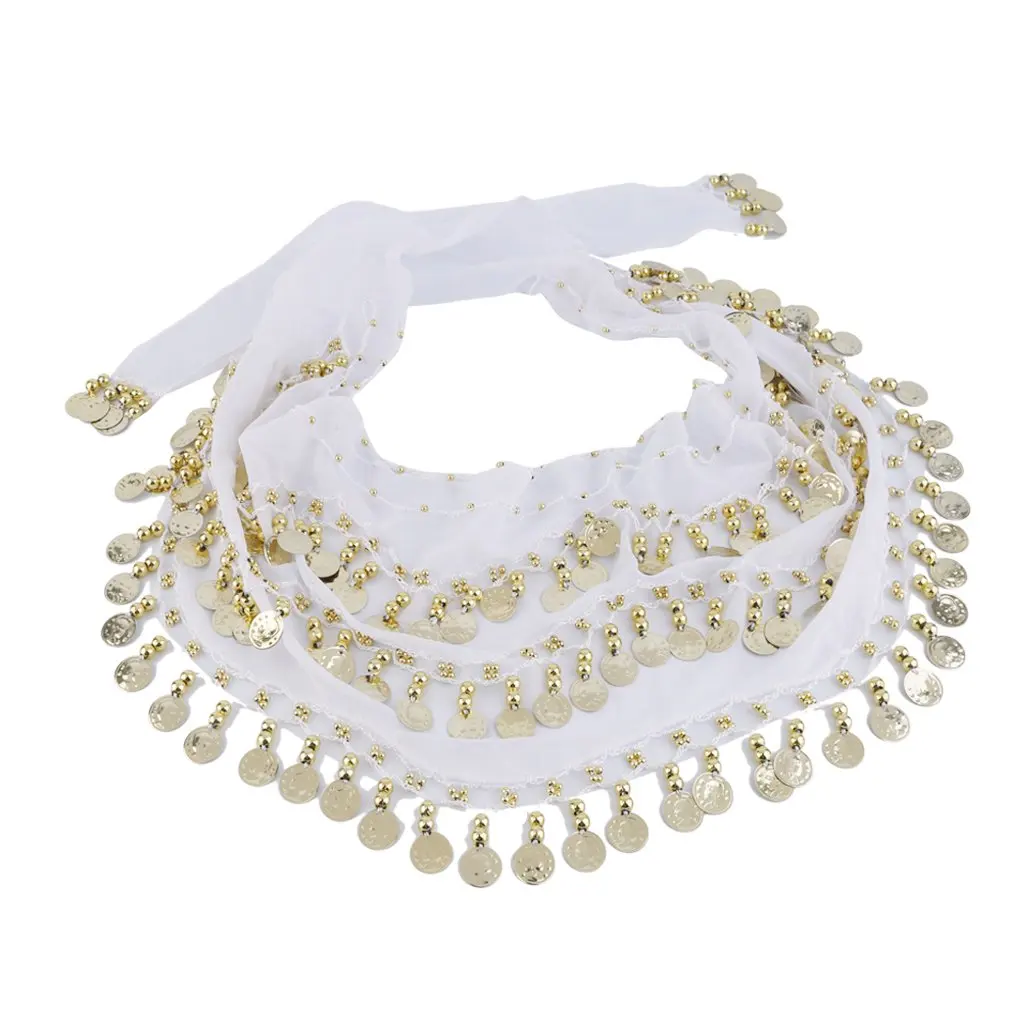 

3 Rows 128 Gold Coins Belly Dance Costume Hip Scarf Skirt Belt Wrap Waist Chain Colorful Chiffon 150x20cm Scarfs Skirt Hip