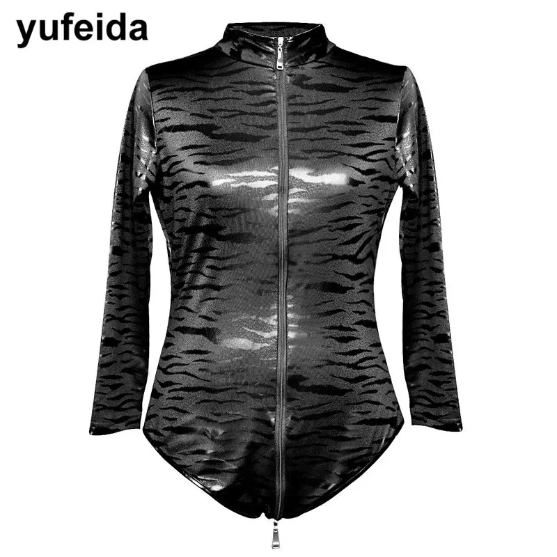 Женские леопардовые боди Yufeida черные облегающие из лакированной кожи Клубная
