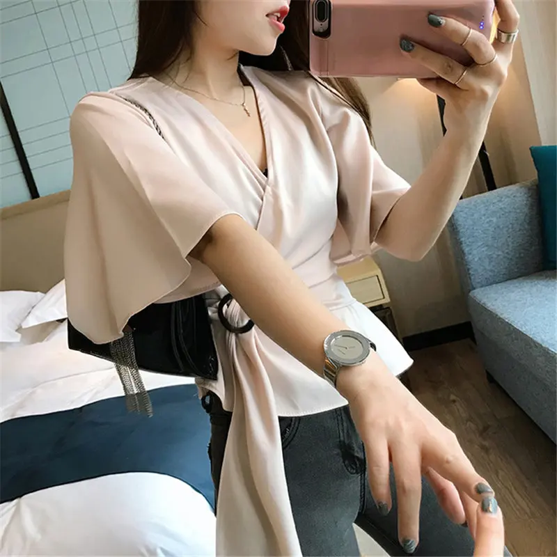 Hzirip Chic Female Sweet Summer Fresh Sashes Irregular High Quality Fashion Loose Short Flare Sleeve Casual Solid Chiffon Shirts | Женская