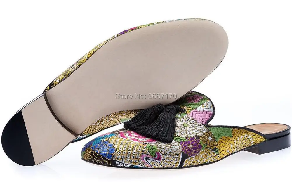 Men Mixed Color Floral Embroidered Fringe Half Slippers Slip on Mules Casual Shoes Flats Smoking | Обувь
