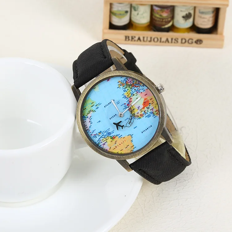 

Women Dress Watches Vintage Men Travel By Plane Map Denim Fabric Band Watch funny pins simple watches best gift reloj hombre