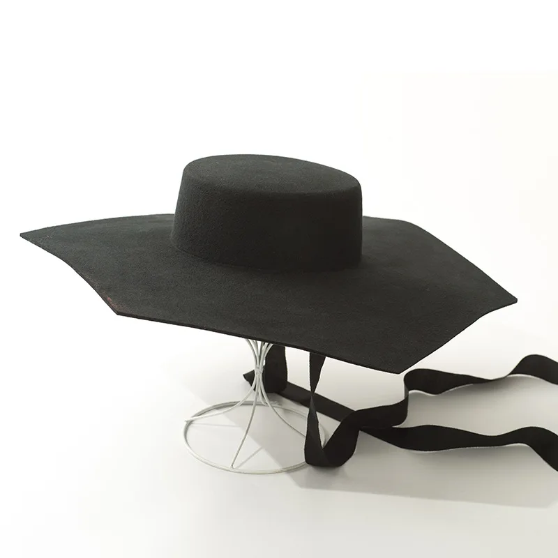 Шестигранные шерстяные фетровые шляпы женская зимняя черная шляпа с Ленточные