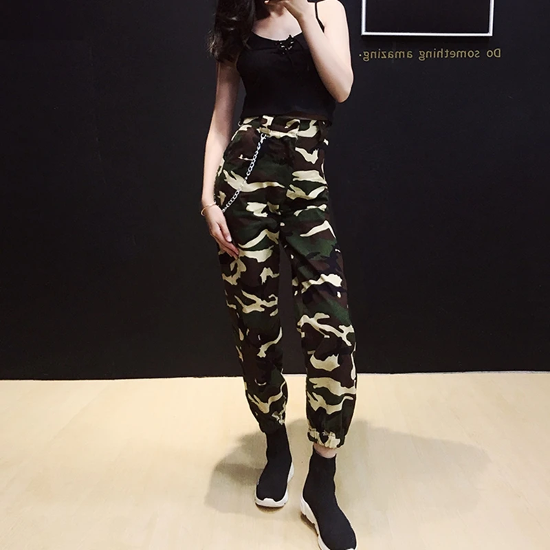 Camouflage Черные камуфляжные штаны с высокой талией, женские брюки-Капри с цепочкой, женские камуфляжные брюки, корейская мода - Цвет: Camouflage