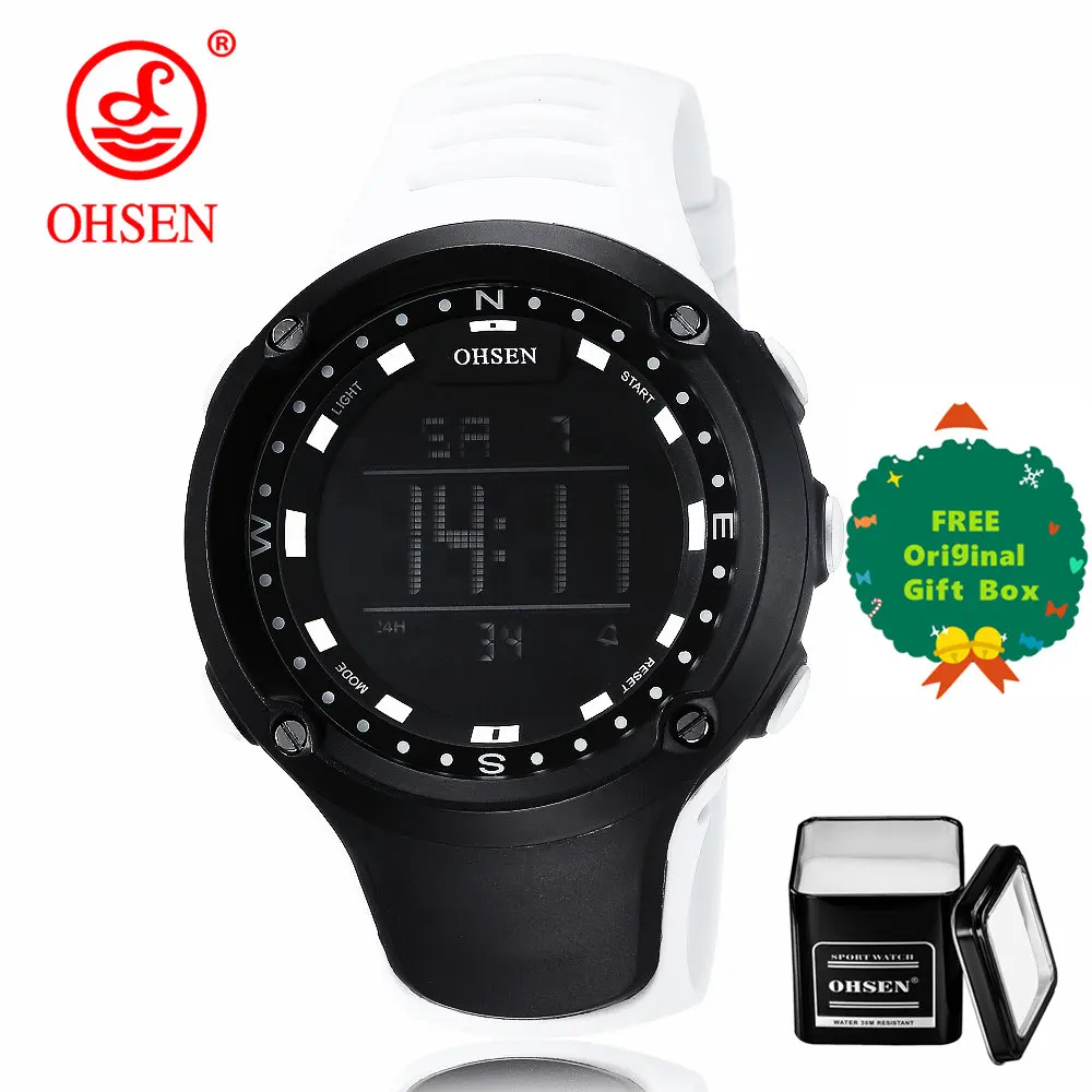 white and gift box OHSEN, водонепроницаемые мужские спортивные часы, модные, повседневные, светодиодный, цифровые, для спорта на открытом воздухе, мужские часы, многофункциональные, для студентов, наручные часы - Цвет: white and gift box