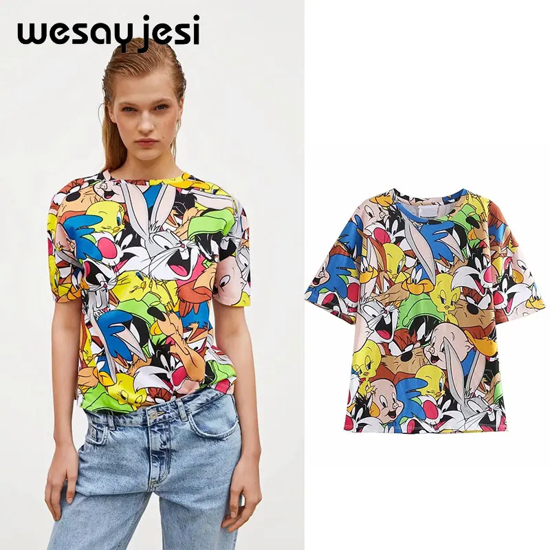 picture colour Летняя модная футболка для женщин harajuku Корейская одежда уличная мультфильм печати хлопок с круглым вырезом Топы корректирующие - Цвет: picture colour