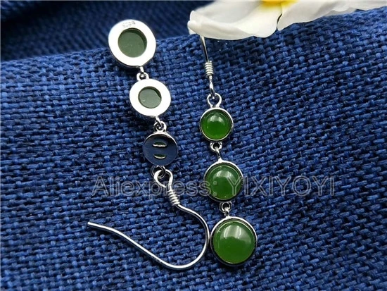 Beautiful 925 Sterling Silver Green HeTian Jade Round Inlay Dangle Style Lucky Hook Earring Girl's Charm Gift Fine Jewelry | Украшения