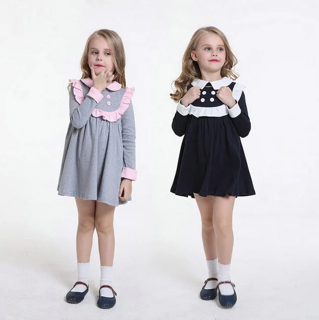 ACEBAY girls dresses 2015 New high quality Knee-length Button A-line Full Solid Dresses cotton made aged 4-8 kids clothing | Детская