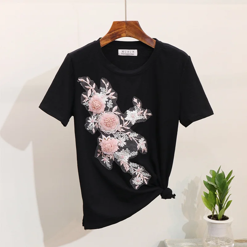Лето 2019 женская футболка тяжелый в бусинах и пайетках вышивка трехмерный цветок