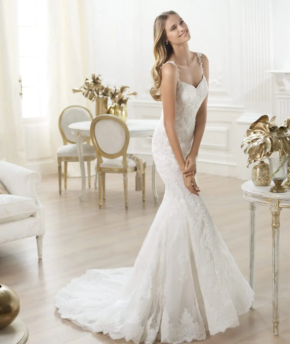 Free Shipping Sexy Spaghetti Strap Beaded Lace Appliques On Tulle And Organza Dropped Backless Mermaid Wedding Dresses 2014 | Свадьбы и
