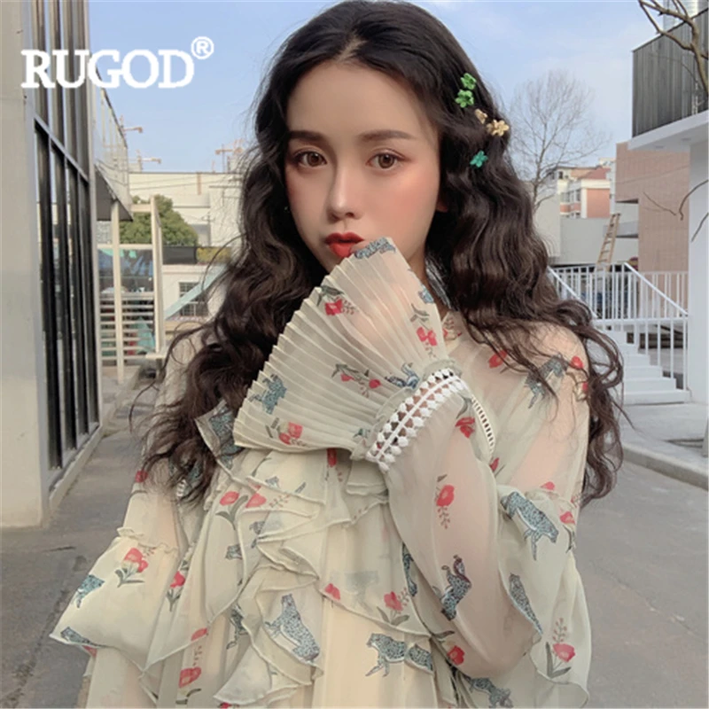 

RUGOD Elegant women dress V-neck Ruffles Flare sleeve Mini dress Chiffon Fashion Female girl dress