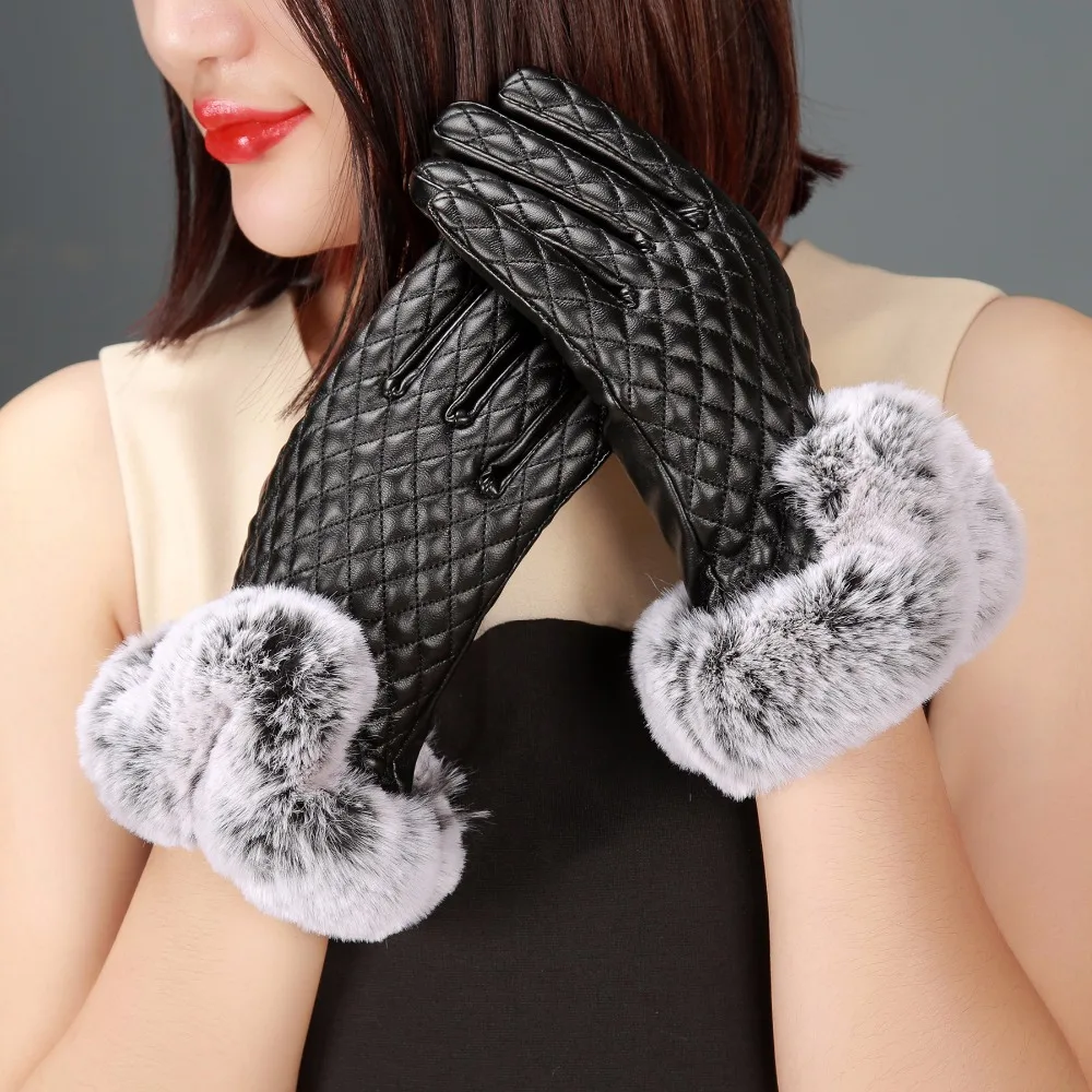 Перчатки женские из искусственной кожи зимние теплые 2016 с кроличьим мехом |