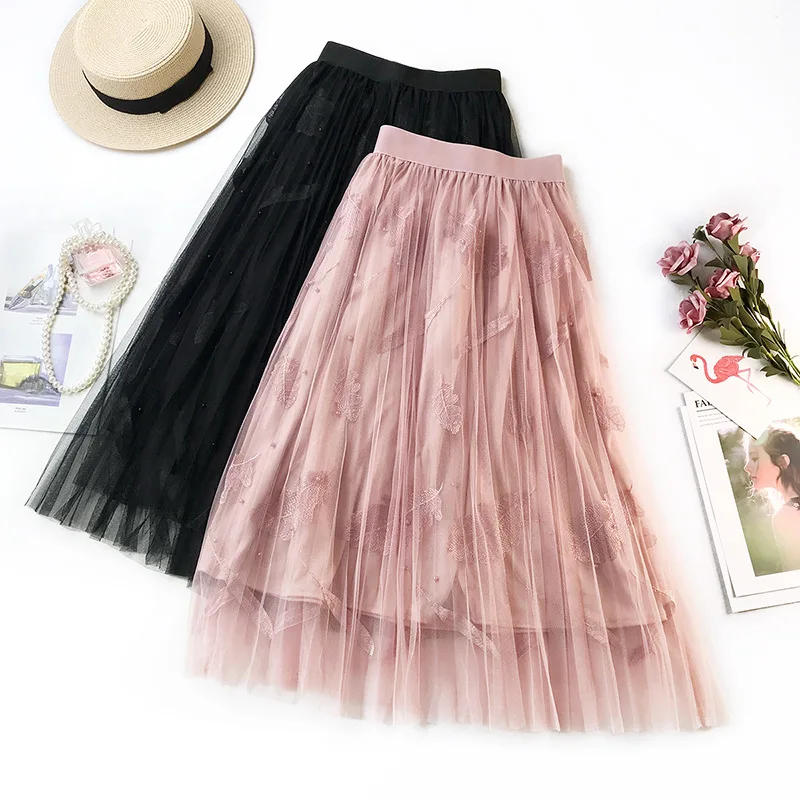 Перо Цветочная вышивка Тюлевая юбка длинные плиссированные юбки Высокое