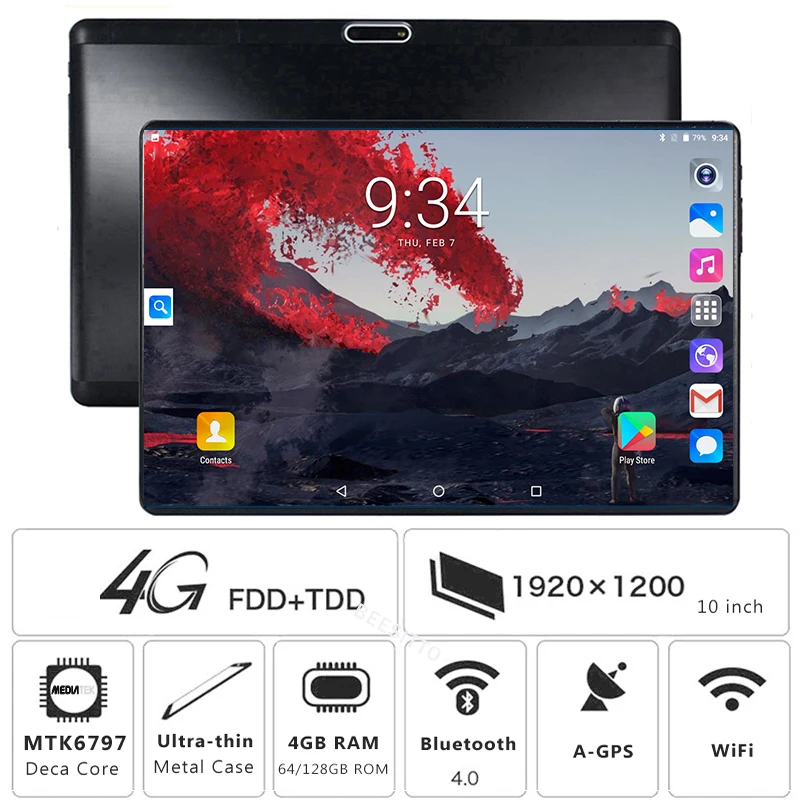 Новинка, 10 дюймов дизайн 4G Телефонный звонок Android 7,0 Deca Core, размер экрана 4G+ 128G Wi-Fi Bluetooth gps ips 2.5D закаленное стекло для планшетов 10,1