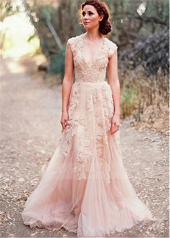 Boho Румяна розовое кружевное свадебное платье es 2021 vestido de novia V образным вырезом