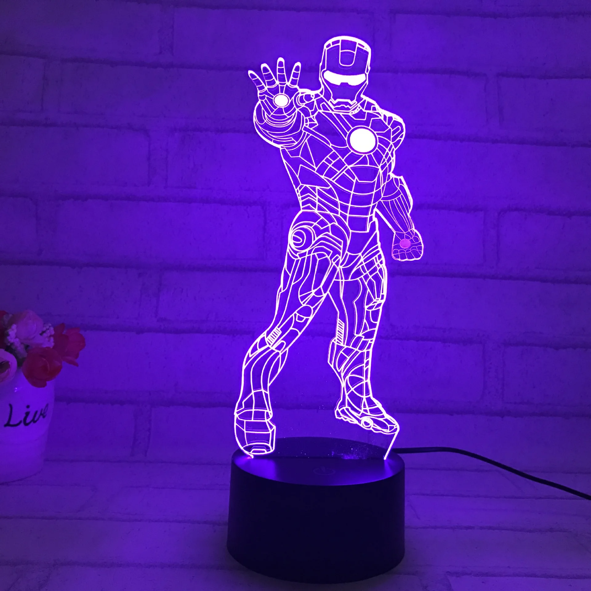 7 Color Stand Iron Man Holograma 3D Lights Luz De LED Lamp Acrylic Visual Light Round Touch Switch Illusion Lampka Night Lights