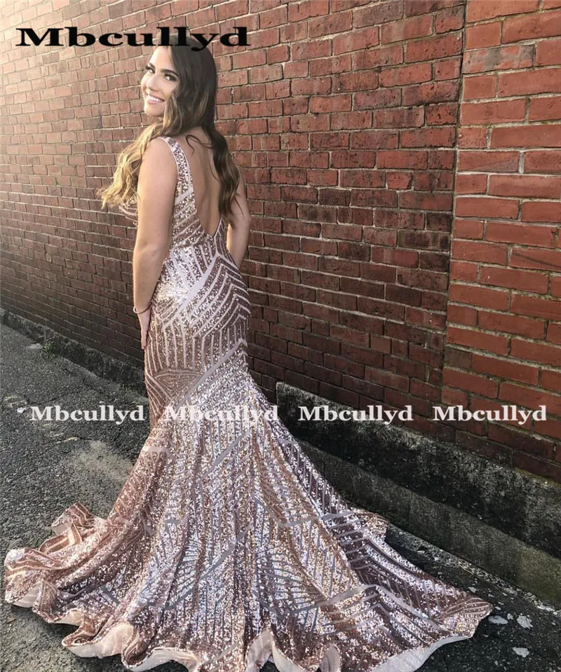 Mbcully Gold Sequins Mermaid Prom Dresses 2020 Sexy V-neck African Black Girls Graduation Party Gowns Long robe de soiree | Свадьбы и