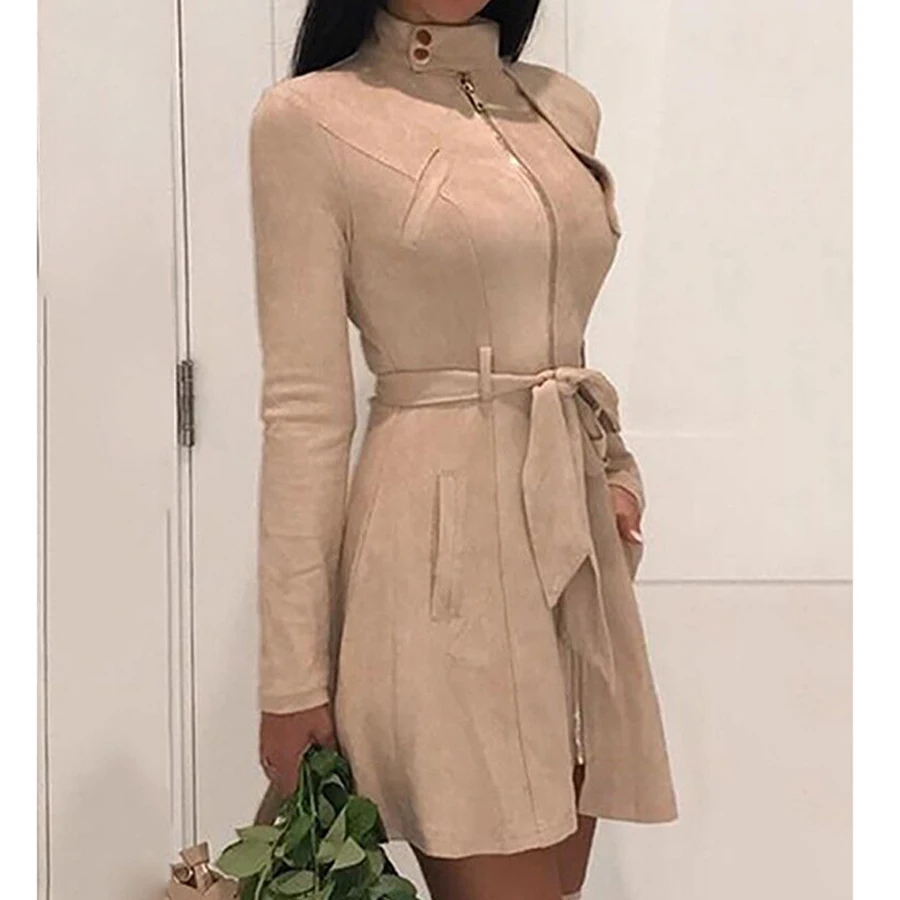 2018 осеннее женское платье с воротником стойкой и длинным рукавом однотонное