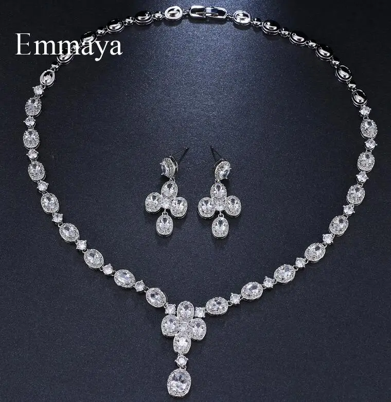 white gold Emmaya брендовые модные роскошные овальные кубические циркониевые серьги геометрической формы с хрусталем ожерелье набор для женщин популярные свадебные украшения подарок - Окраска металла: white gold