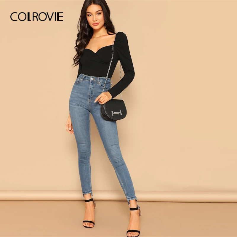 COLROVIE Black Solid Zip Back Fitted Wrap Sweetheart Elegant Blouses Women Spring Long Sleeve Shirt Sexy Office Ladies Tops