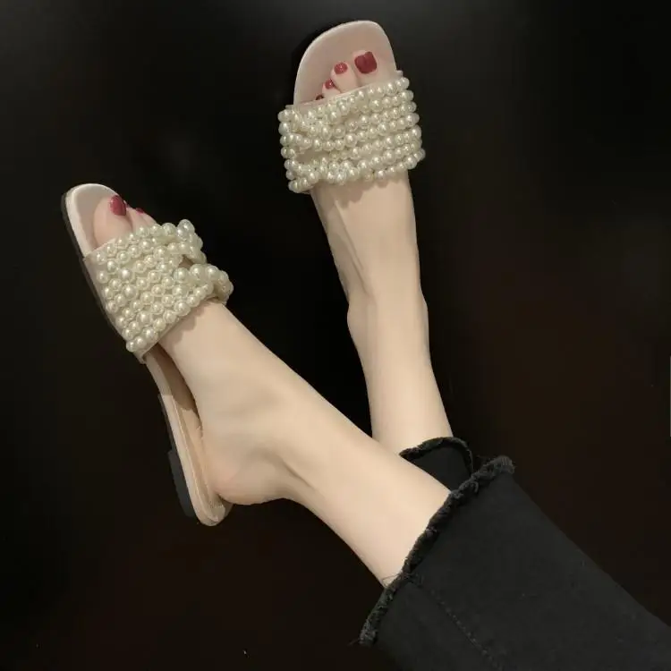 Известный бренд шлепанцы с жемчужинами и одной пряжкой женские открытым носком