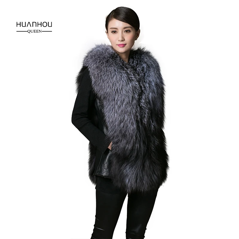 Королева huanhou, настоящий жилет из меха серебристой лисы, Модная тонкая теплая осенняя и зимняя шуба из меха серебристой лисы