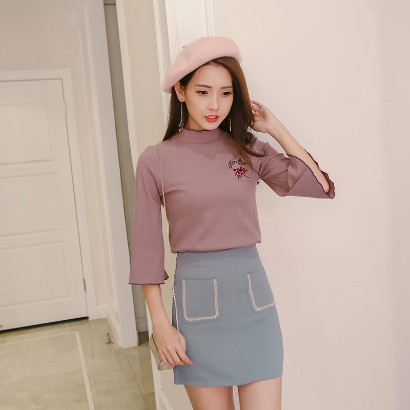 

autumn korean fashion women pullover skirts sweater of embroidery horn sleeve knit A word bodycon skirts two pcs clothing suits