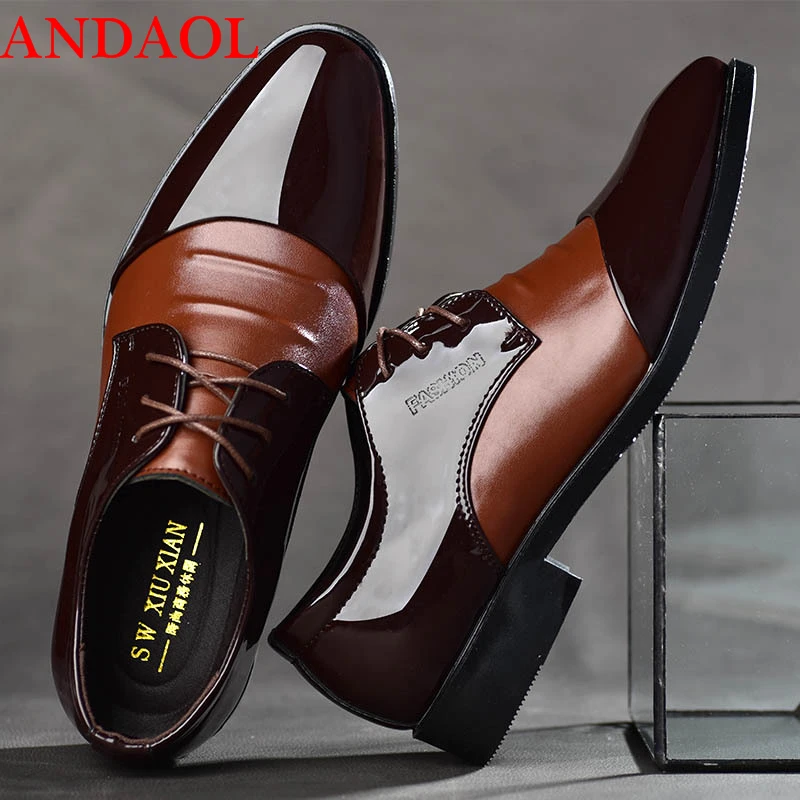 ANDAOL Men's Bright Leather Casual Shoes Top Quality Pointed Toe Business Office Luxury Lace-Up Wedding Dress Party | Обувь