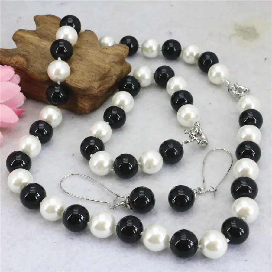 Набор ожерелье с имитацией жемчуга 10 мм белый и черный жемчужное браслет из