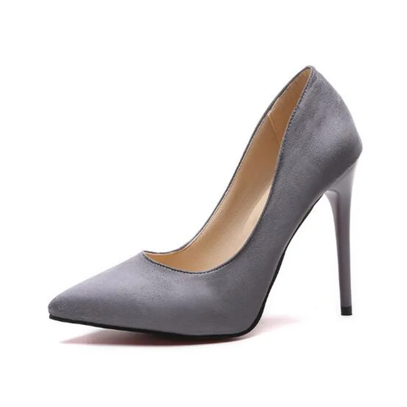 Gray suede Туфли-лодочки большого размера 44; женская обувь; красные флоковые неглубокие Свадебные вечерние туфли-лодочки на высоком каблуке с острым носком без застежки; chaussures femme; - Цвет: Gray suede