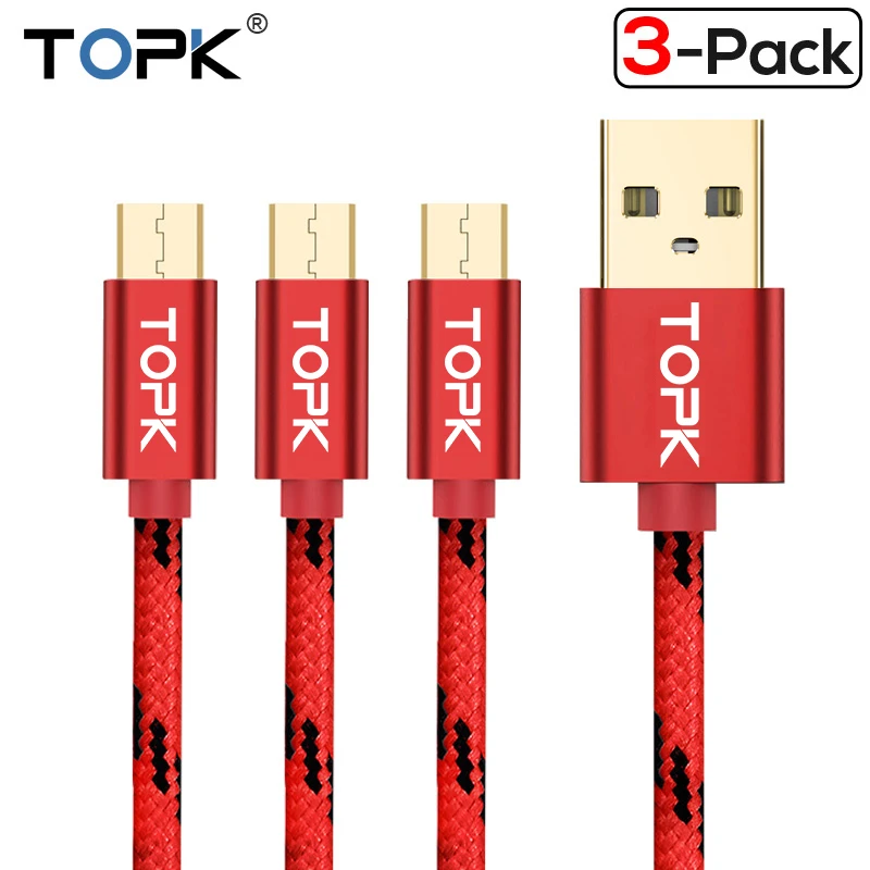 TOPK [3-Pack] 5 V/2,4 A(макс.) Micro USB кабель, нейлоновый плетеный металлический корпус позолоченный зарядный кабель для samsung/Xiaomi/huawei - Цвет: 3 x Red