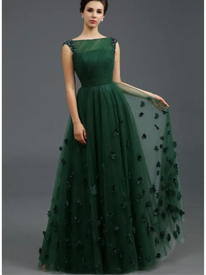 

Customed 2021 New Bateau Beading Flowers A-Line Prom Dresses Vestidos De Fiesta Long Evening Gowns Green