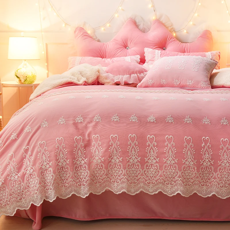 Blue Pink Purple Soft Berber Fleece Princess Girl White Lace Bedding Set Fleece Fabric Duvet Cover Bed sheet/Linen Pillowcases