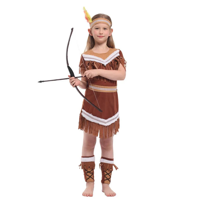M-XL Girls Primitive Indian traditional Cosplay Kids Halloween hunter costume for Children Carnival Purim Stage play party dress |