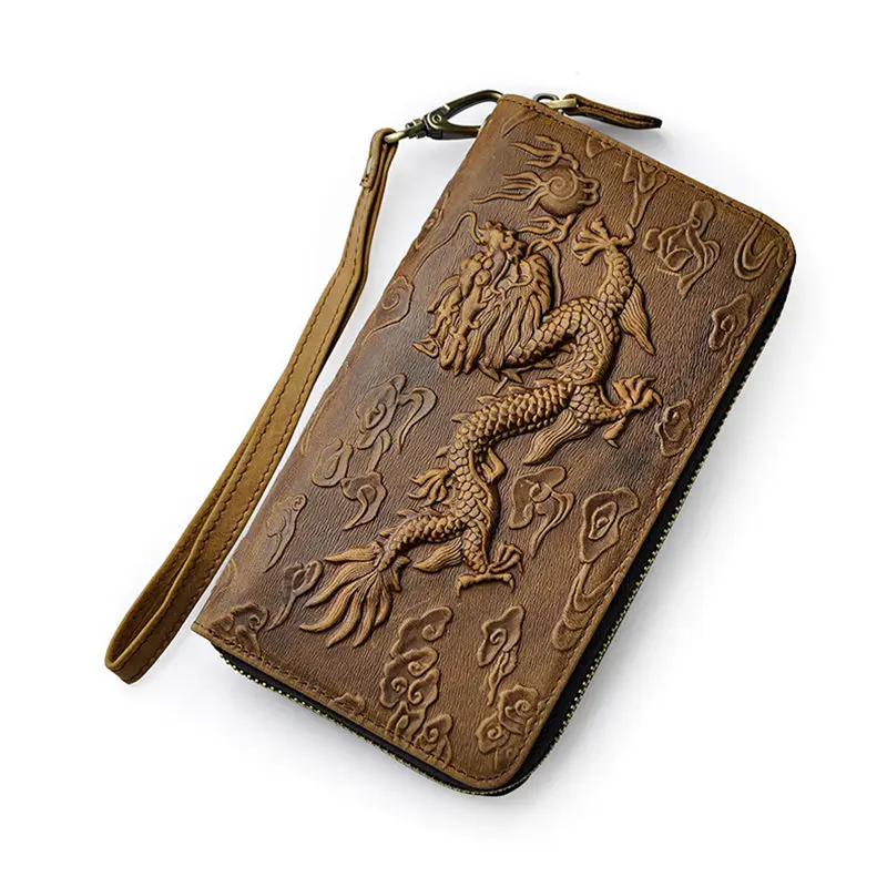Light brown dragon Брендовые винтажные мужские длинные кошельки на молнии с изображением тигра из натуральной кожи от westкрик, Кожаный Клатч Crazy Horse с карманом для монет в виде дракона - Цвет: Light brown dragon