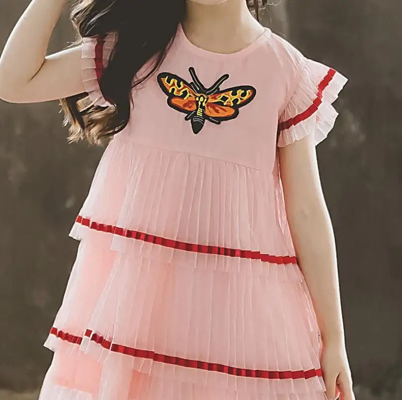 New Retail 2019 Summer Children Girls Butterfly Embroidery Pleats Cake Dresses Kids Fashion Boutique Pink Dress Free Shipping | Детская