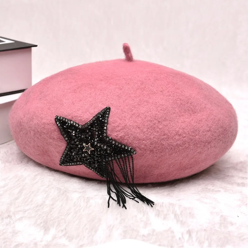 pink VISROVER, зимний шерстяной берет, звезда, нашивка, шарик, кисточка, Женская шерстяная шапка, зима, осень, весна, шапка, одноцветная, высокое качество, для женщин, Boina - Цвет: pink