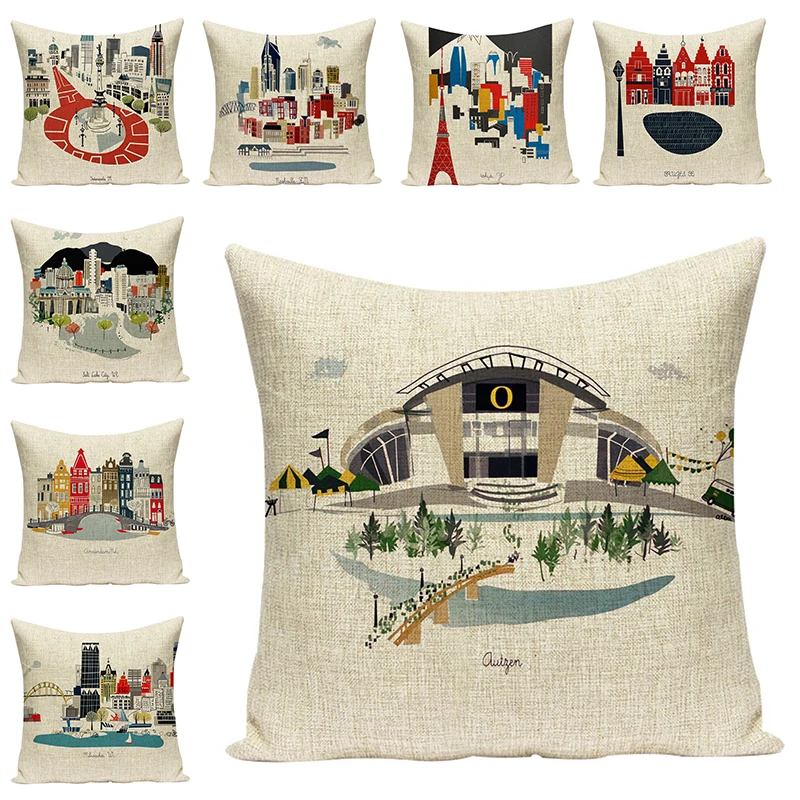 

World-Famous building Printed Cushion Covers Cotton Linen Decorative City Pillowcases Art Seat sofa Chair Cushions Home Decor