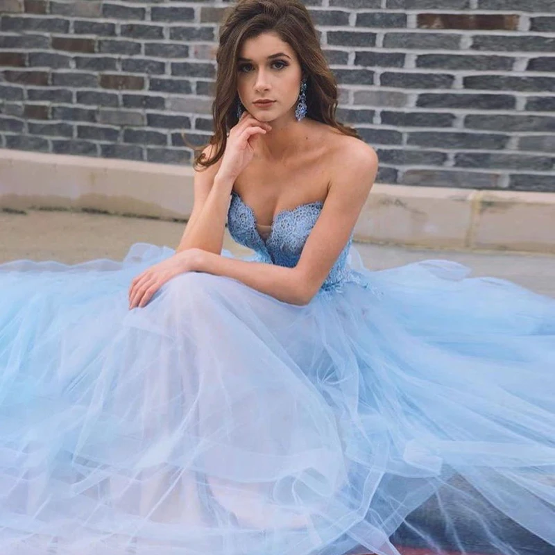 Милое длинное Выпускные платья трапециевидной формы без Рукавов Синего Цвета