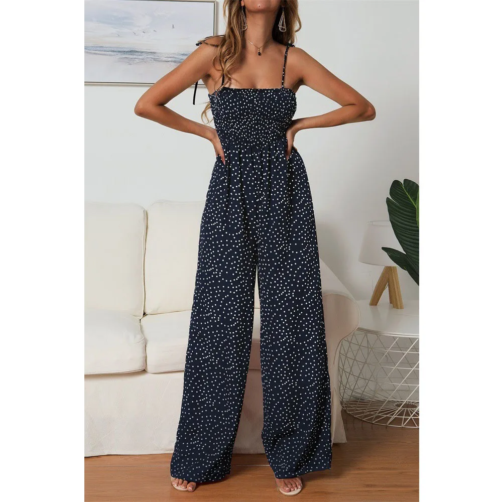 

Women Summer Loose Spaghetti Strap Dot Print Jumpsuit Boho Long Wide Leg Pants